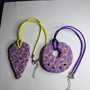 Purple/Yellow Interchangeable Clay Necklaces w/ Silvertone Accents
